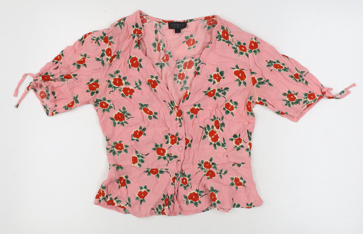 Topshop Womens Pink Floral Viscose Basic Button-Up Size 10 V-Neck