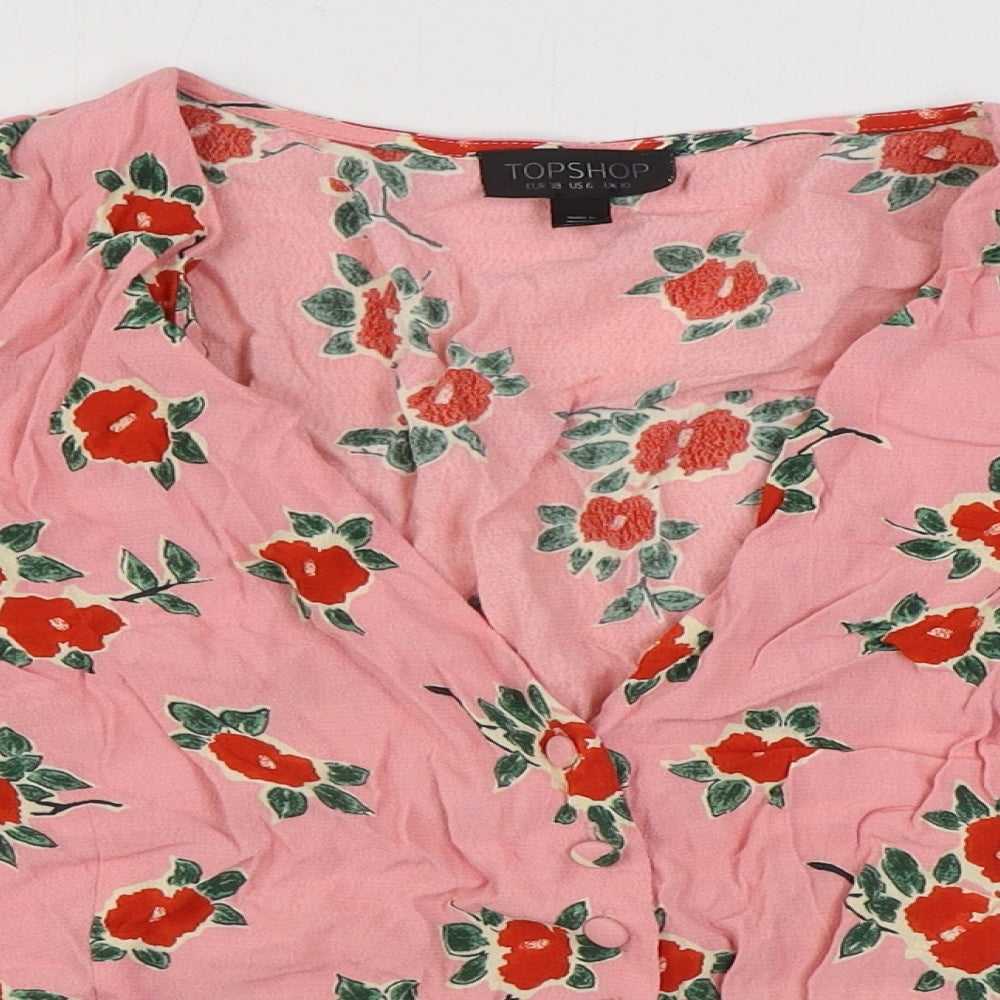 Topshop Womens Pink Floral Viscose Basic Button-Up Size 10 V-Neck