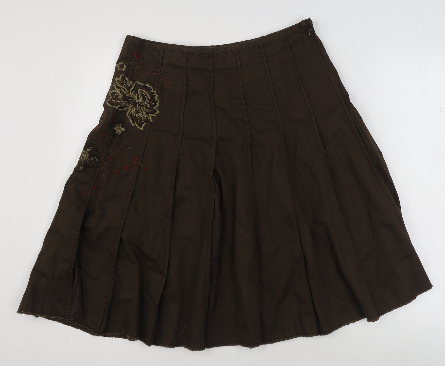 NEXT Womens Brown Floral Cotton Pleated Skirt Size 14 Zip