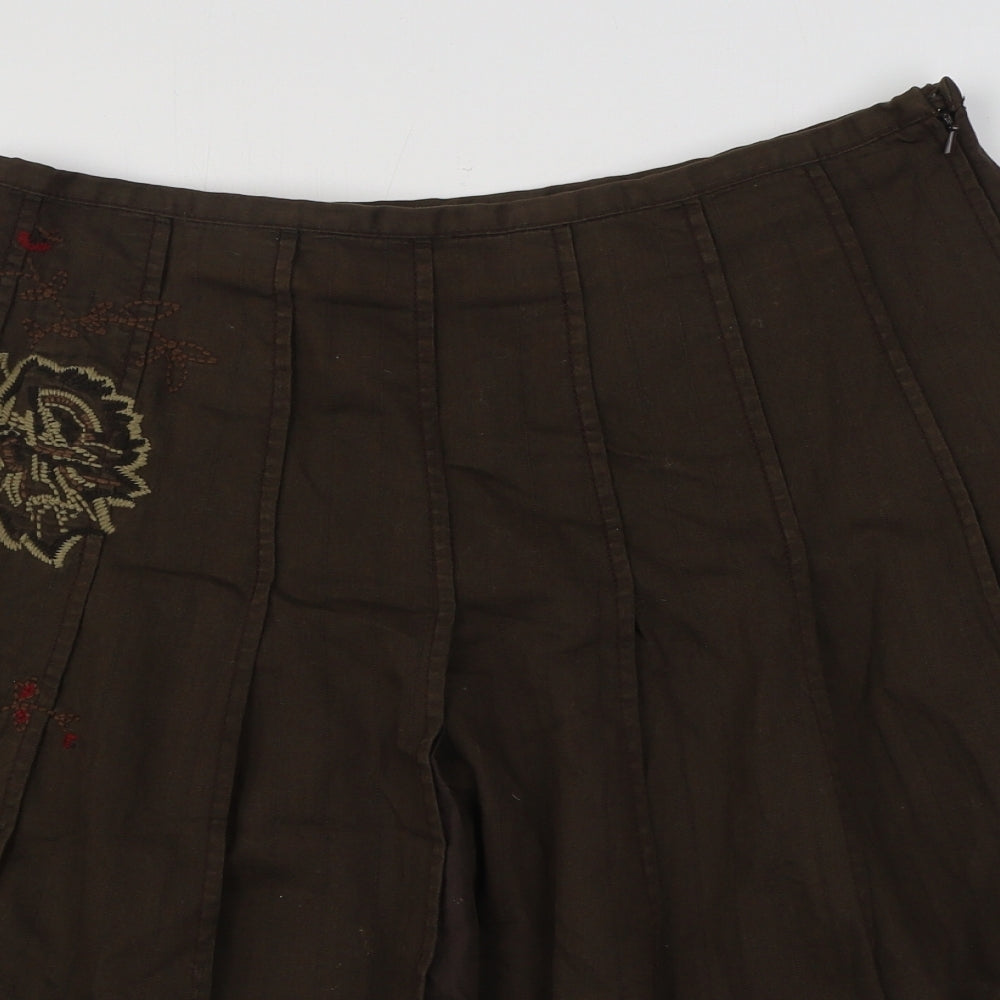NEXT Womens Brown Floral Cotton Pleated Skirt Size 14 Zip