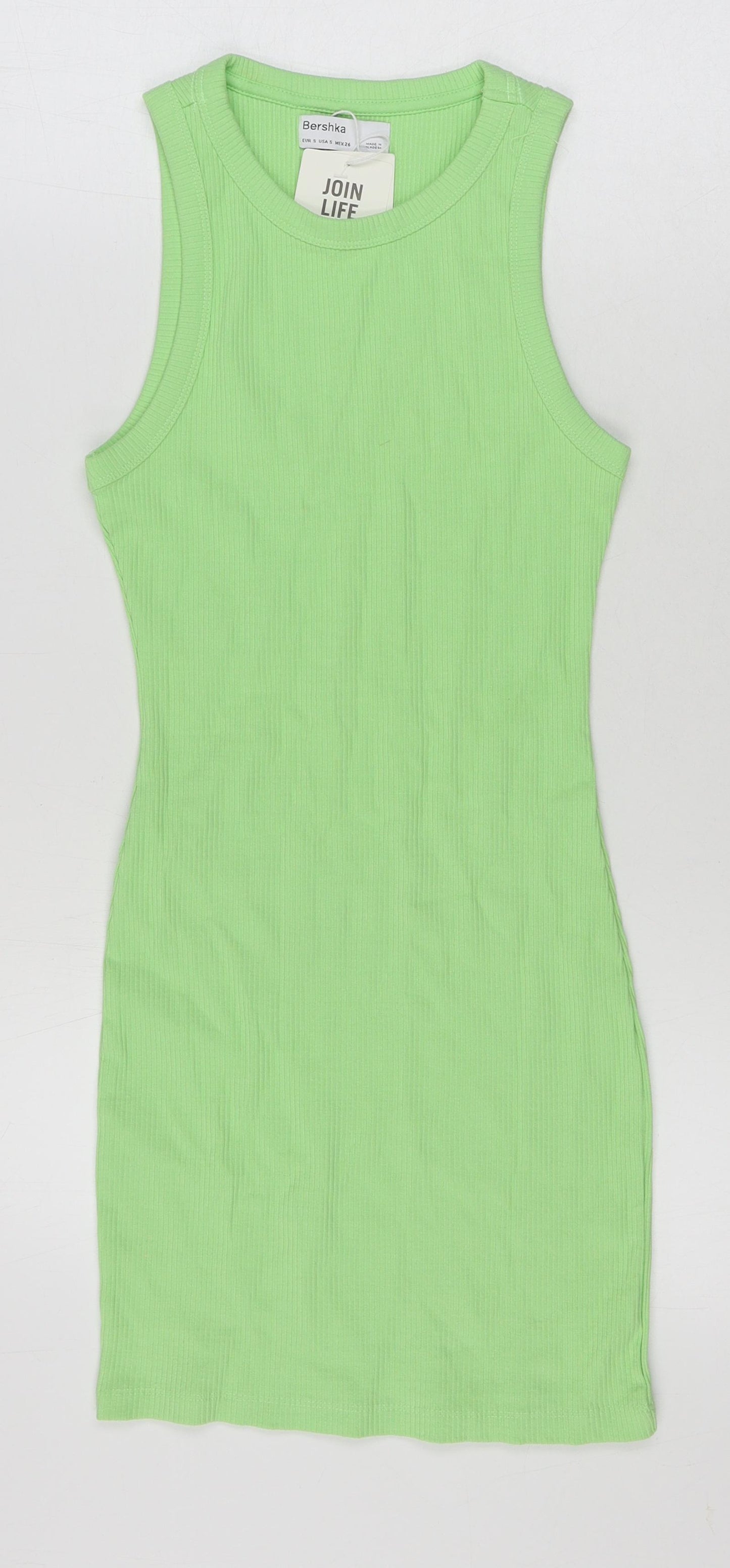 Bershka Womens Green Cotton Tank Dress Size S Round Neck Pullover