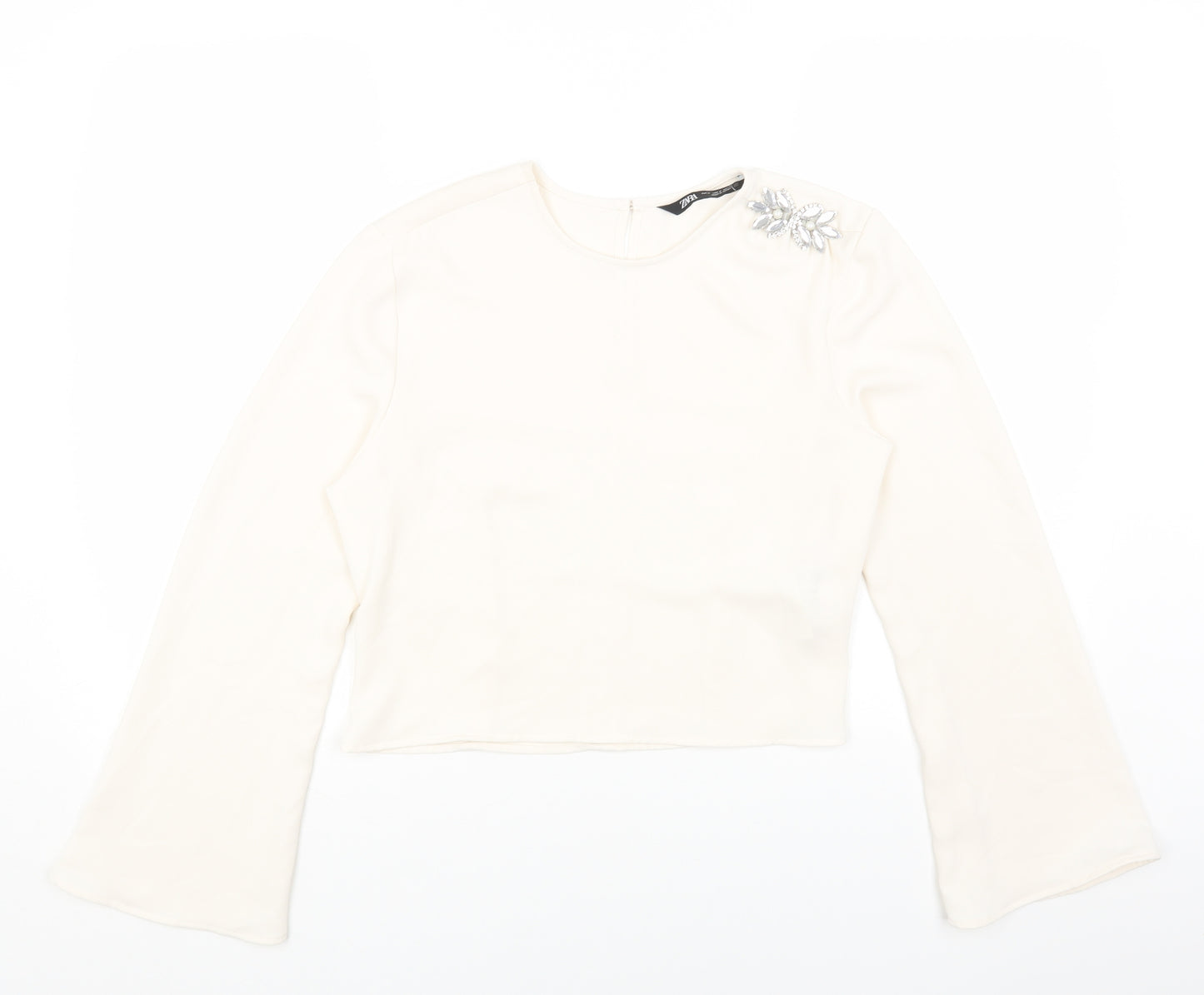 Zara Womens White Polyester Cropped Blouse Size M Round Neck