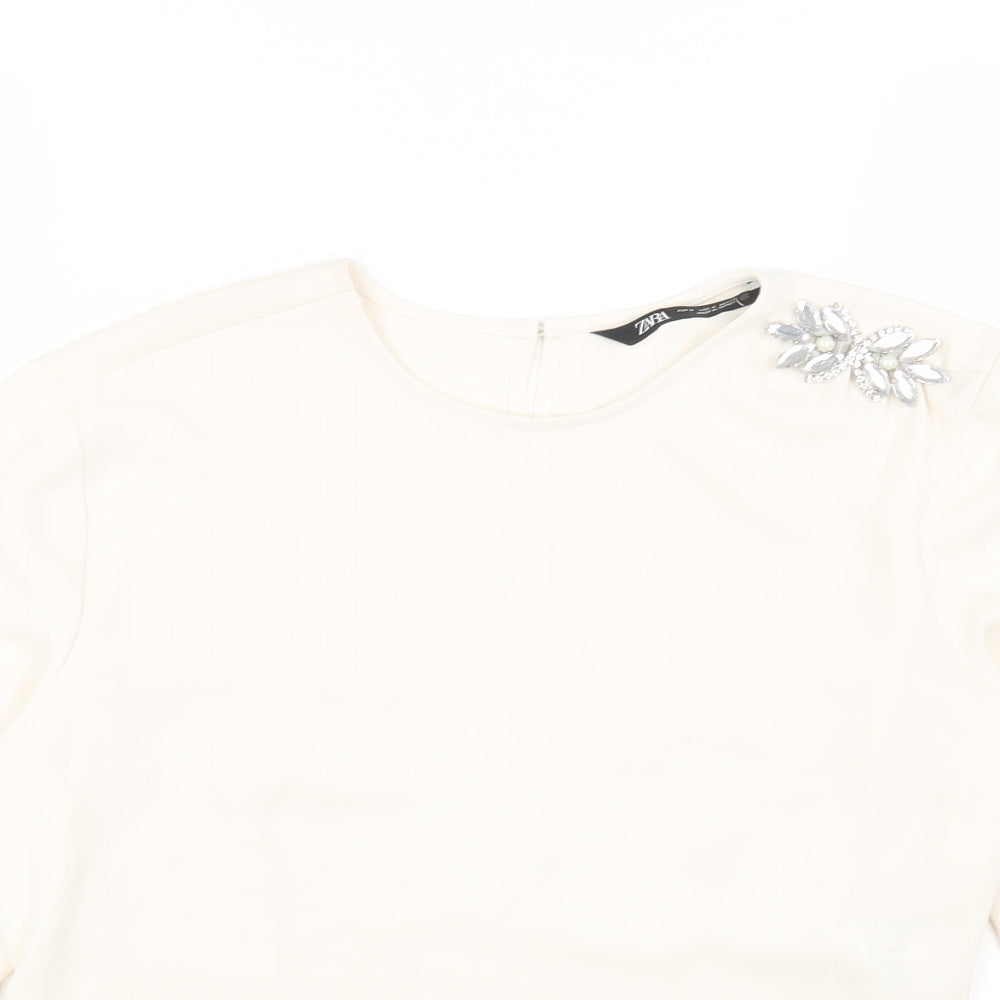 Zara Womens White Polyester Cropped Blouse Size M Round Neck