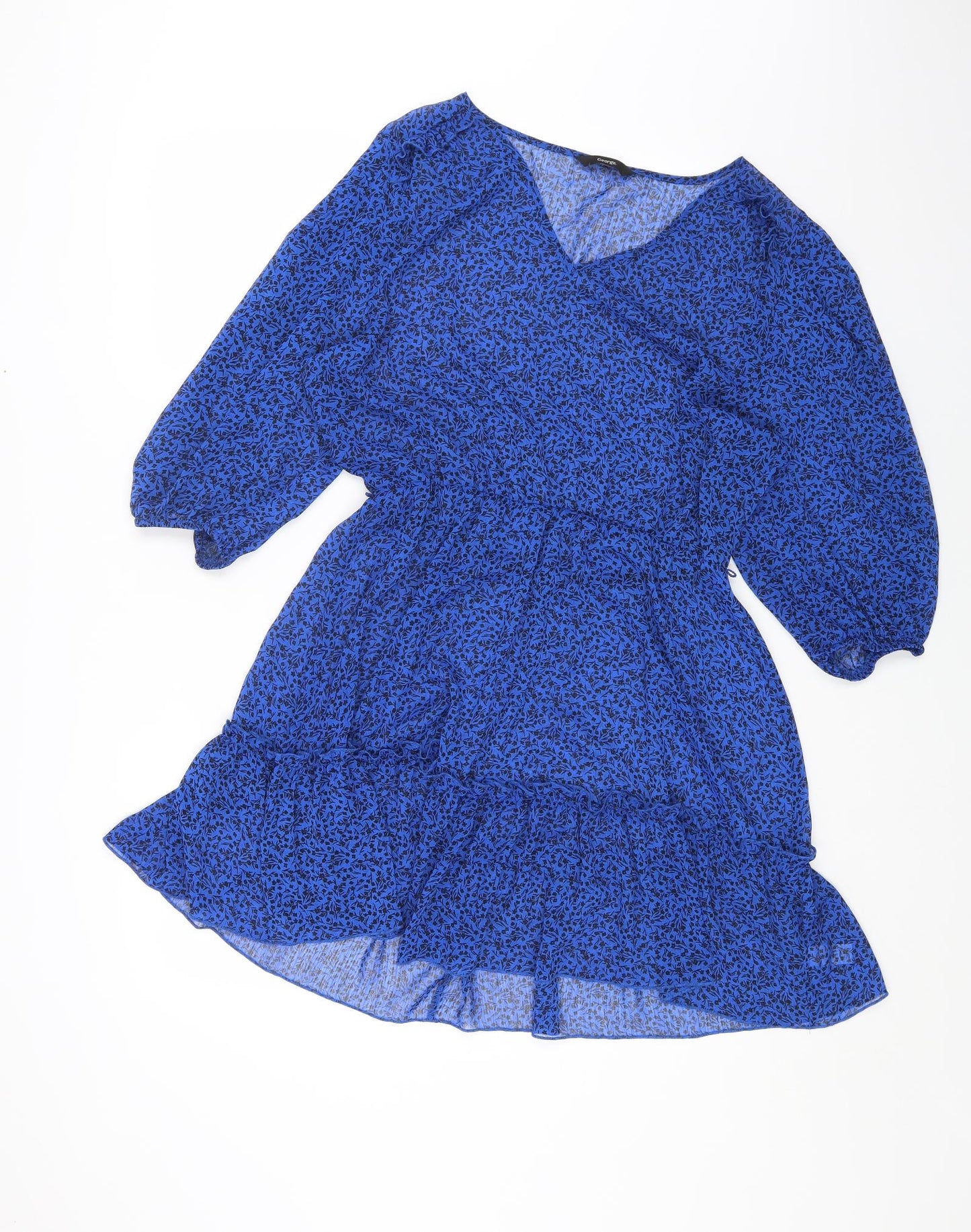 George Womens Blue Floral Polyester A-Line Size 14 V-Neck Pullover