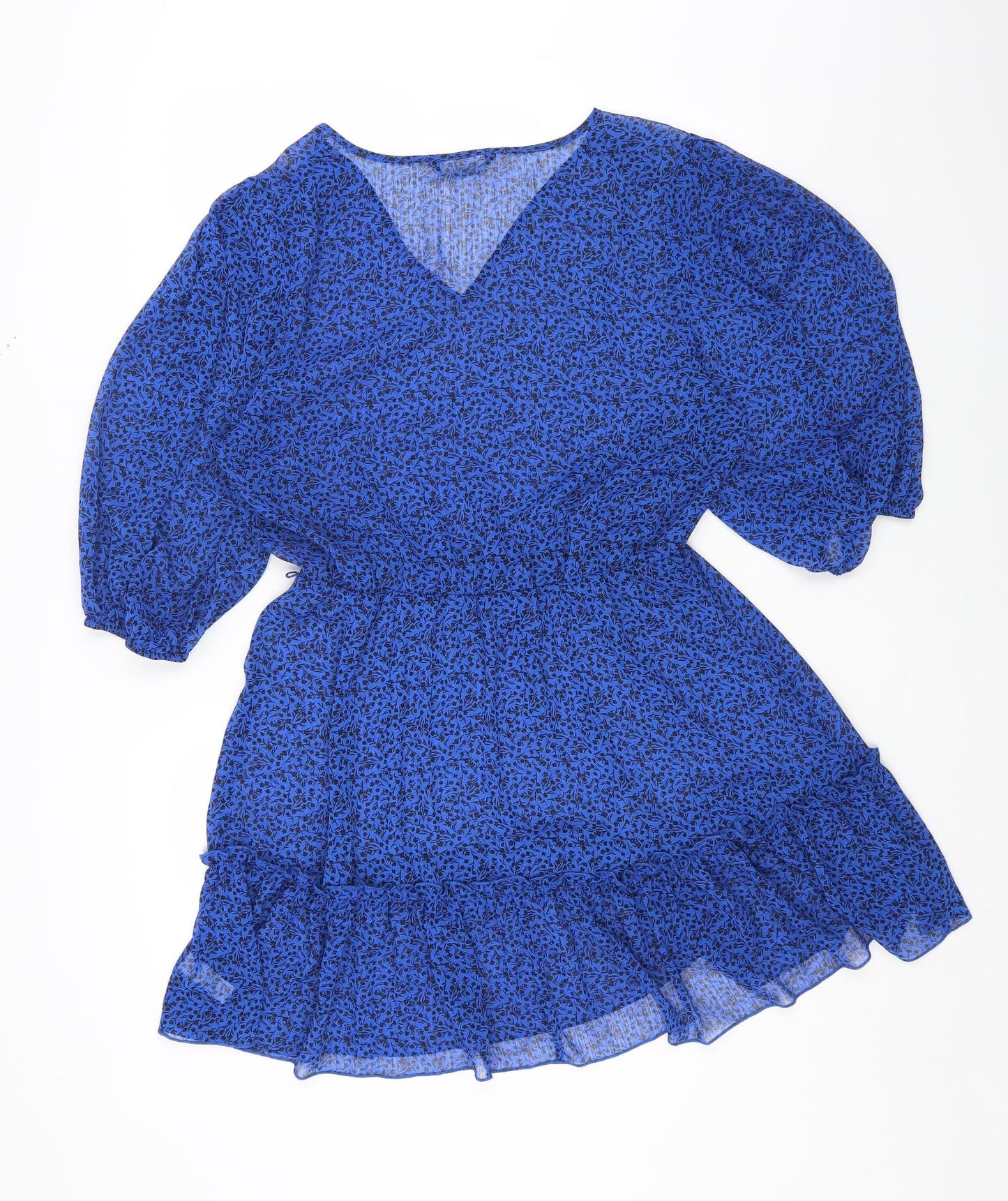 George Womens Blue Floral Polyester A-Line Size 14 V-Neck Pullover