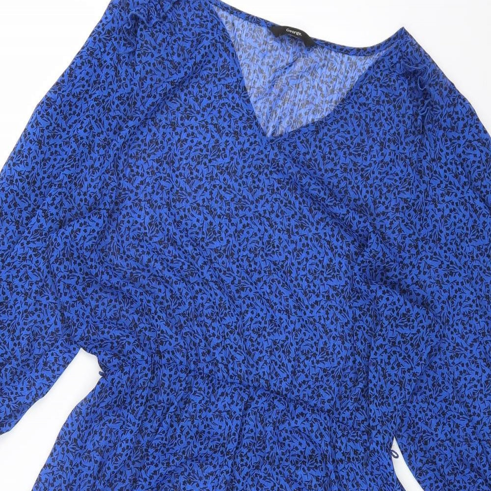 George Womens Blue Floral Polyester A-Line Size 14 V-Neck Pullover