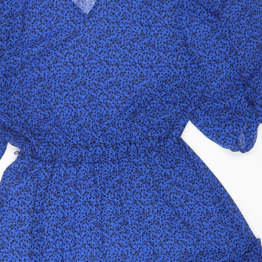 George Womens Blue Floral Polyester A-Line Size 14 V-Neck Pullover