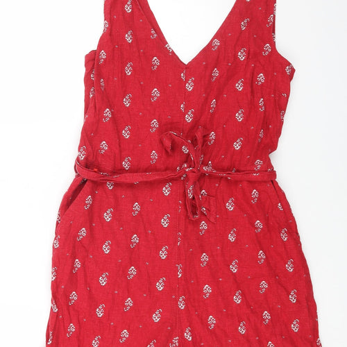 NEXT Womens Red Floral Linen Playsuit One-Piece Size 10 Zip