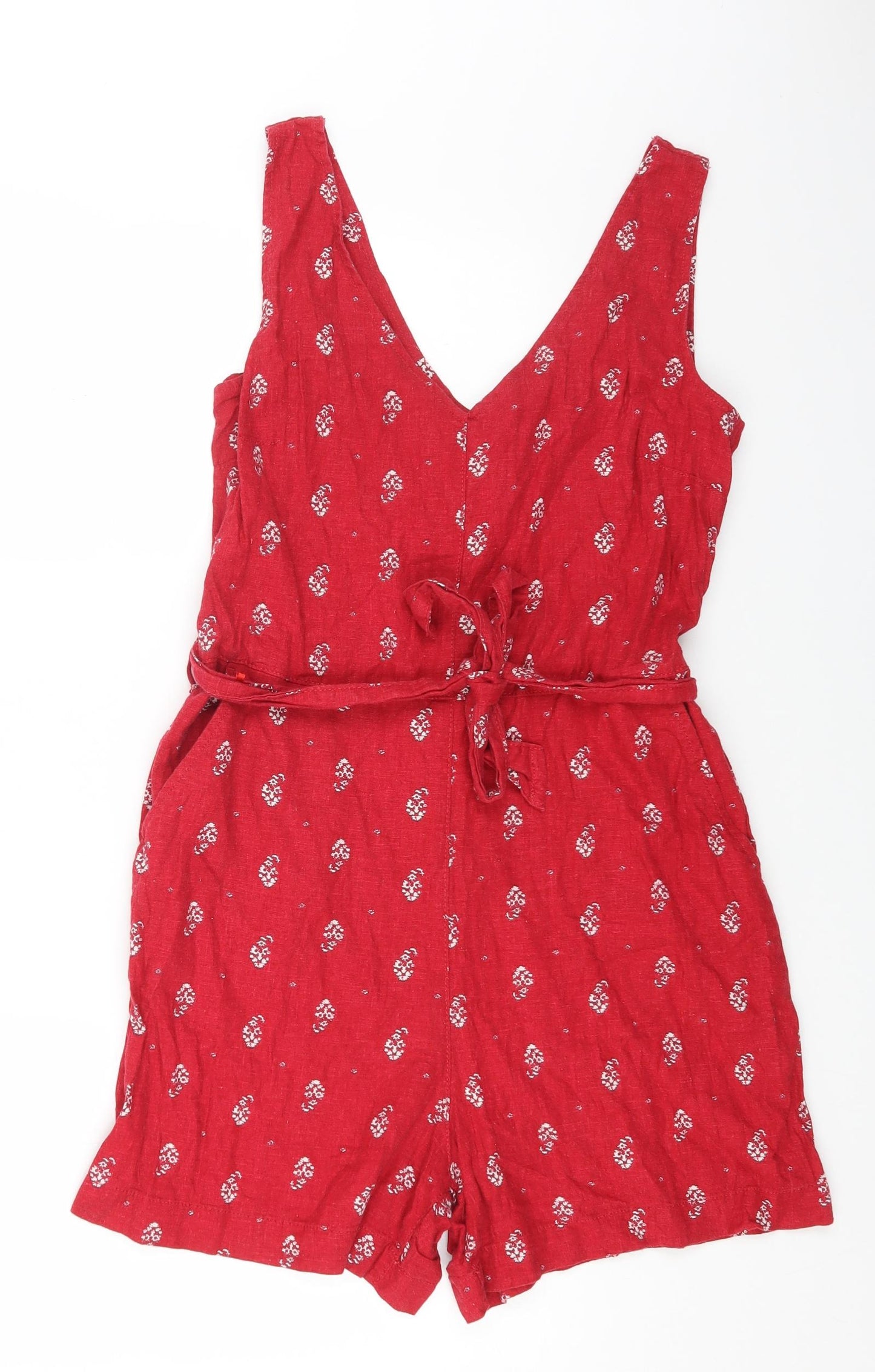 NEXT Womens Red Floral Linen Playsuit One-Piece Size 10 Zip