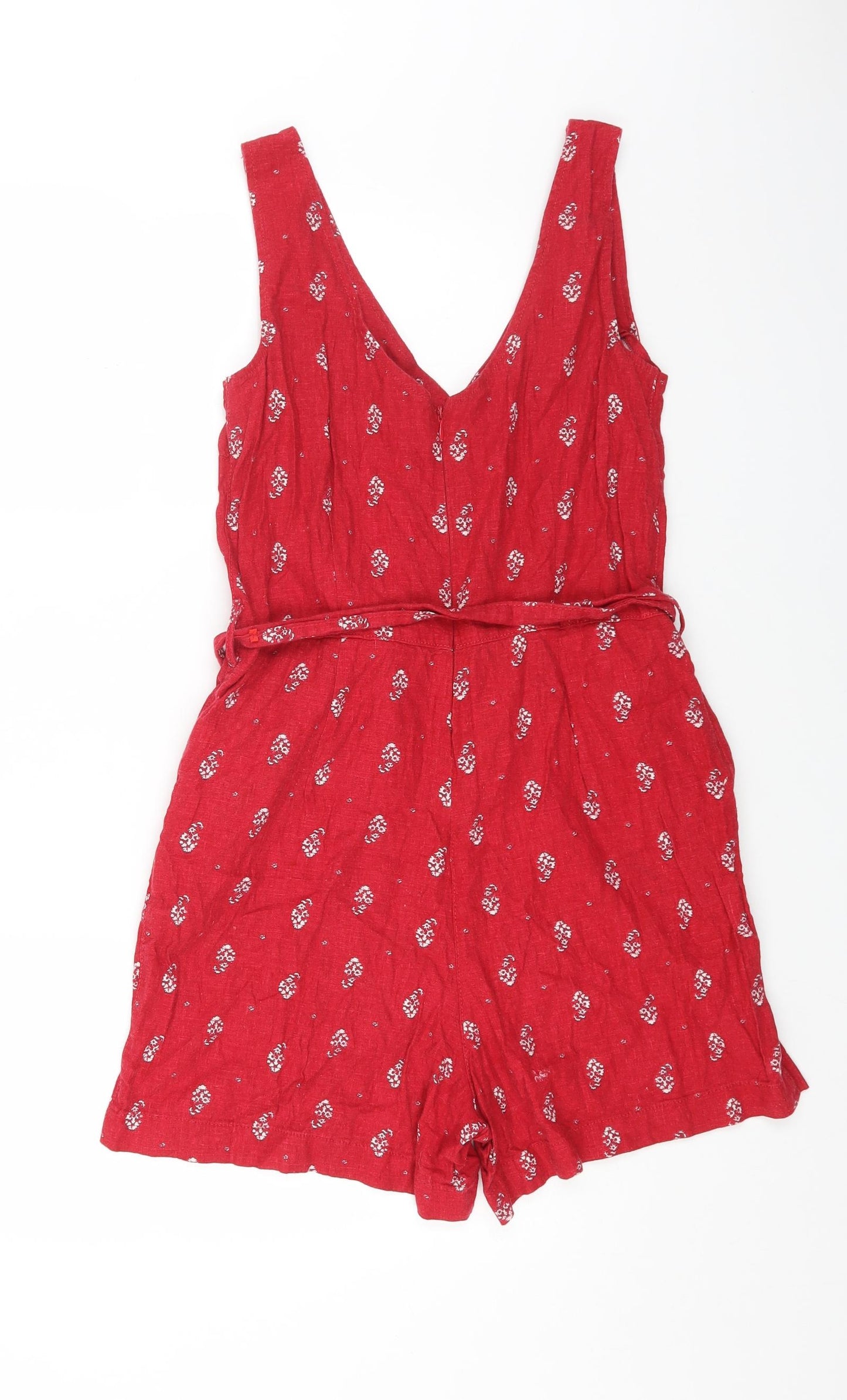 NEXT Womens Red Floral Linen Playsuit One-Piece Size 10 Zip