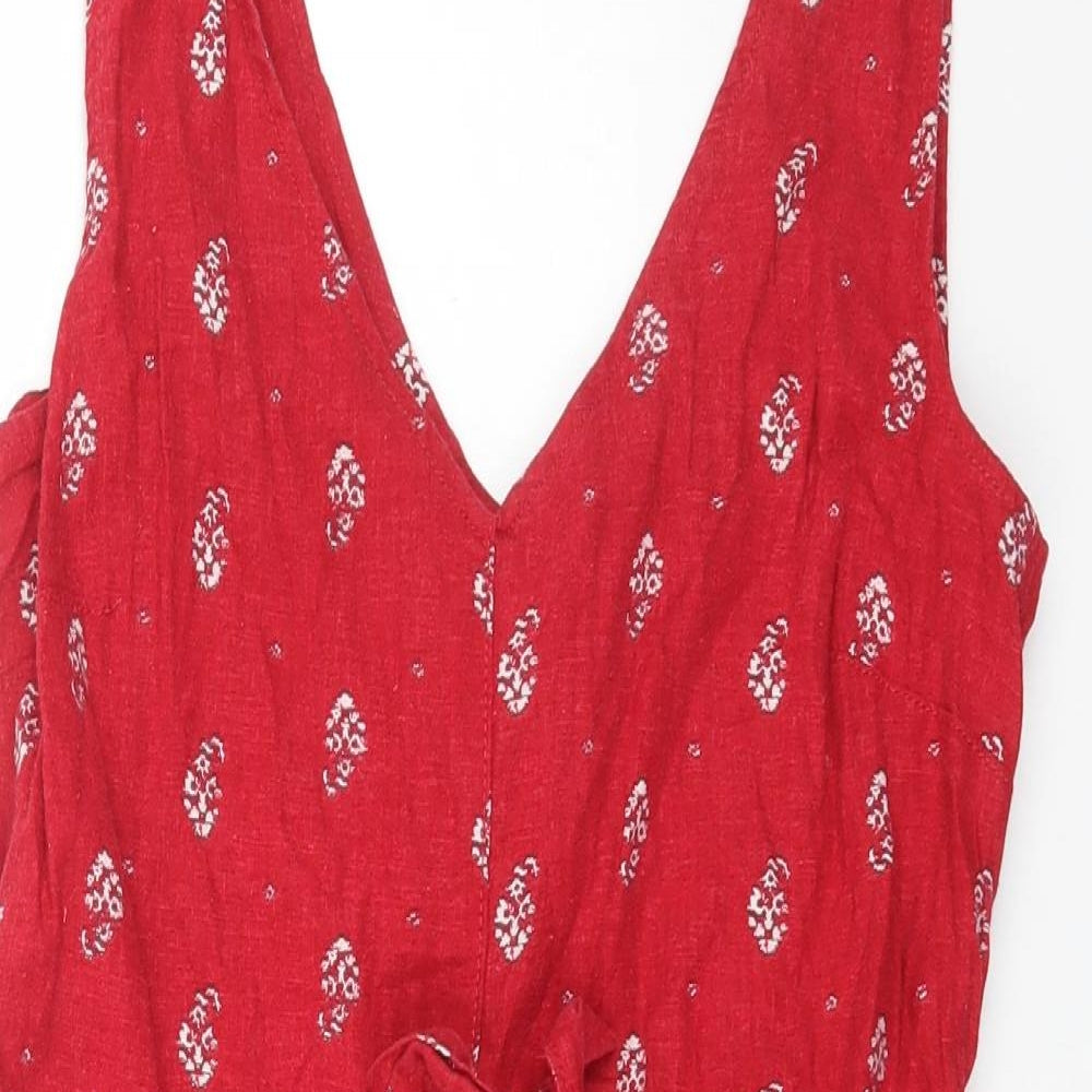 NEXT Womens Red Floral Linen Playsuit One-Piece Size 10 Zip