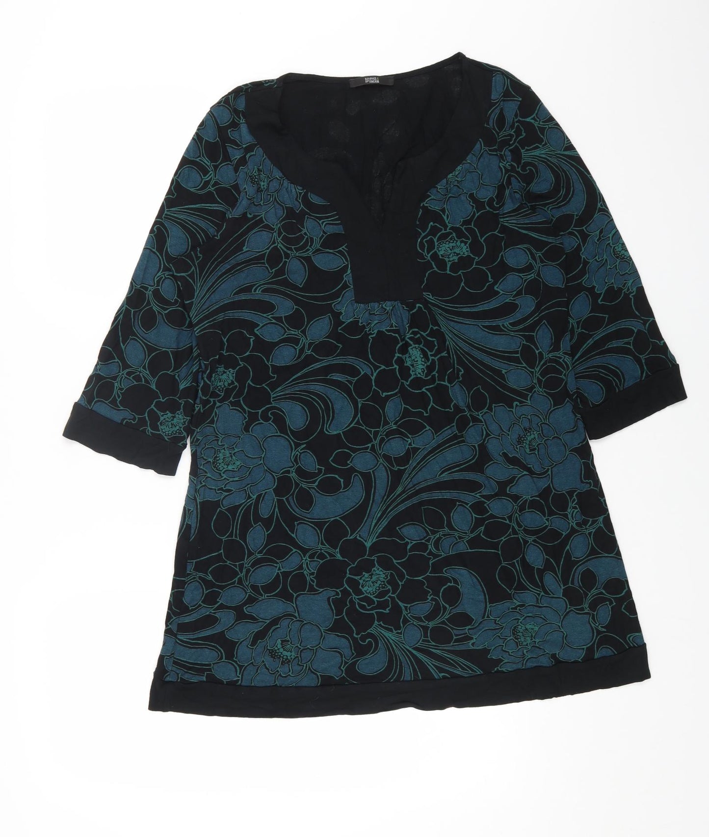 Marks and Spencer Womens Black Floral Viscose Shift Size 14 V-Neck Pullover