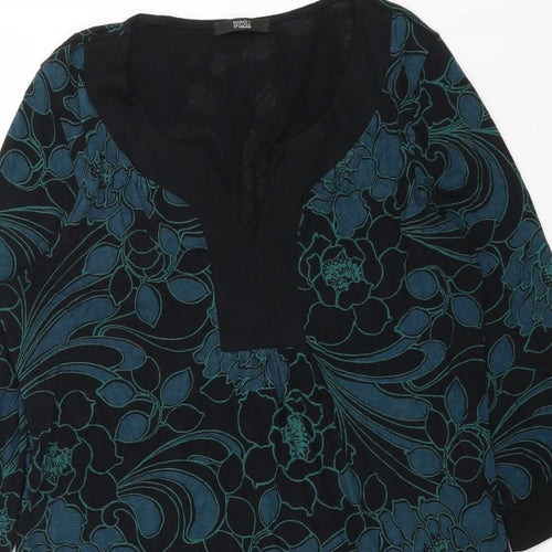 Marks and Spencer Womens Black Floral Viscose Shift Size 14 V-Neck Pullover