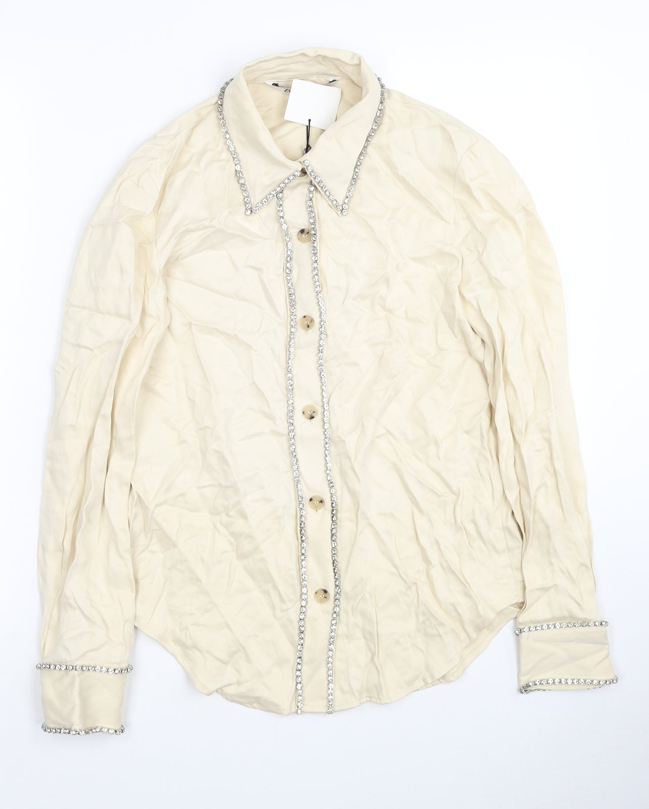 Zara Womens Ivory Lyocell Basic Button-Up Size XS Collared