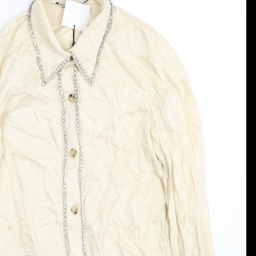 Zara Womens Ivory Lyocell Basic Button-Up Size XS Collared