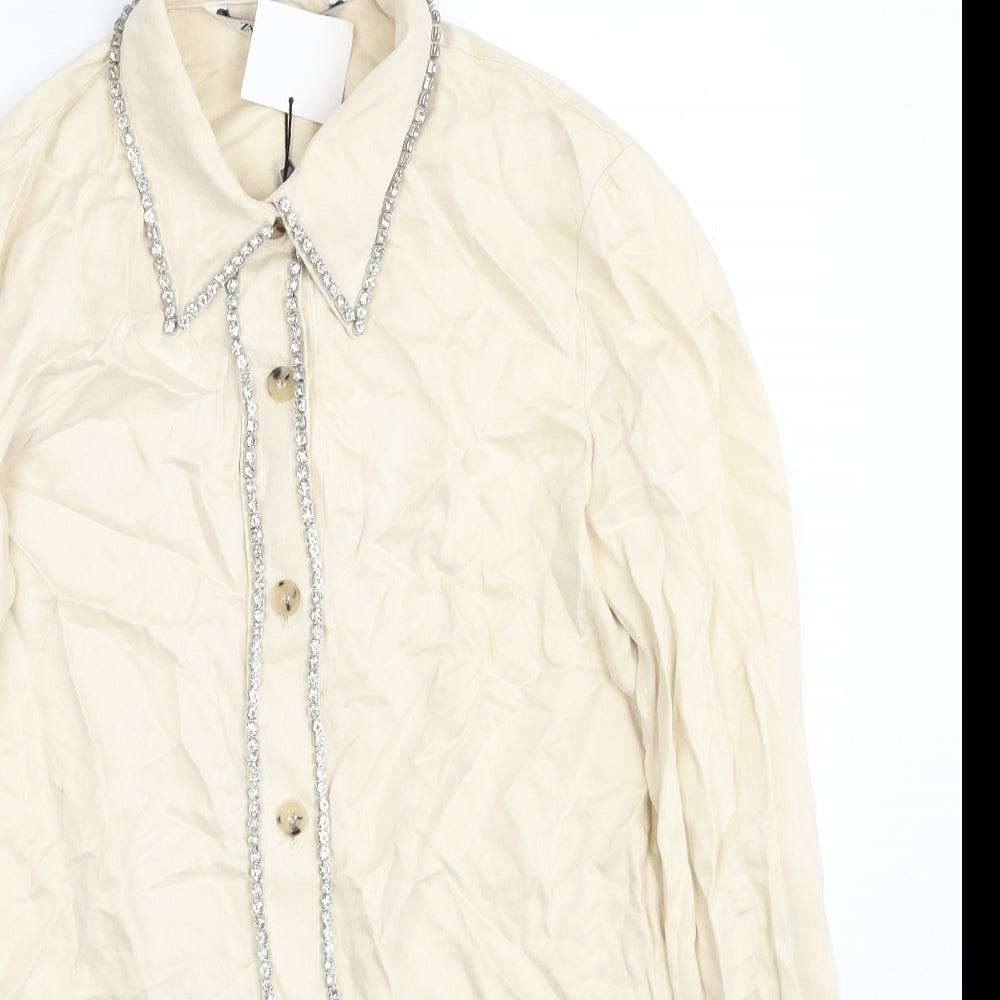 Zara Womens Ivory Lyocell Basic Button-Up Size XS Collared