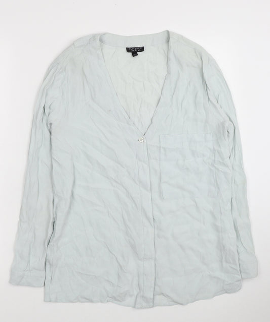 Front view of Topshop women’s blue viscose basic blouse, size UK 8, v-neck