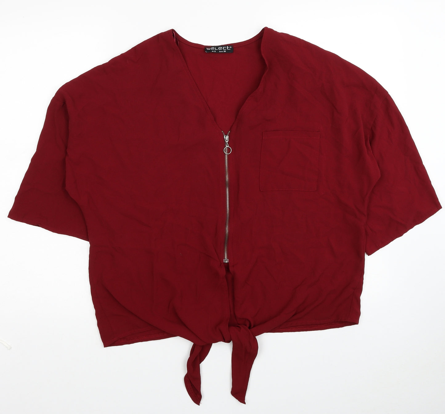Select Womens Red Polyester Cropped T-Shirt Size 8 V-Neck - Knot Front