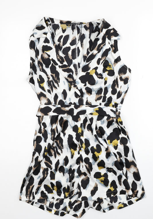 Front view of PRETTYLITTLETHING women’s multicoloured animal print polyester playsuit one-piece, size S, pullover
