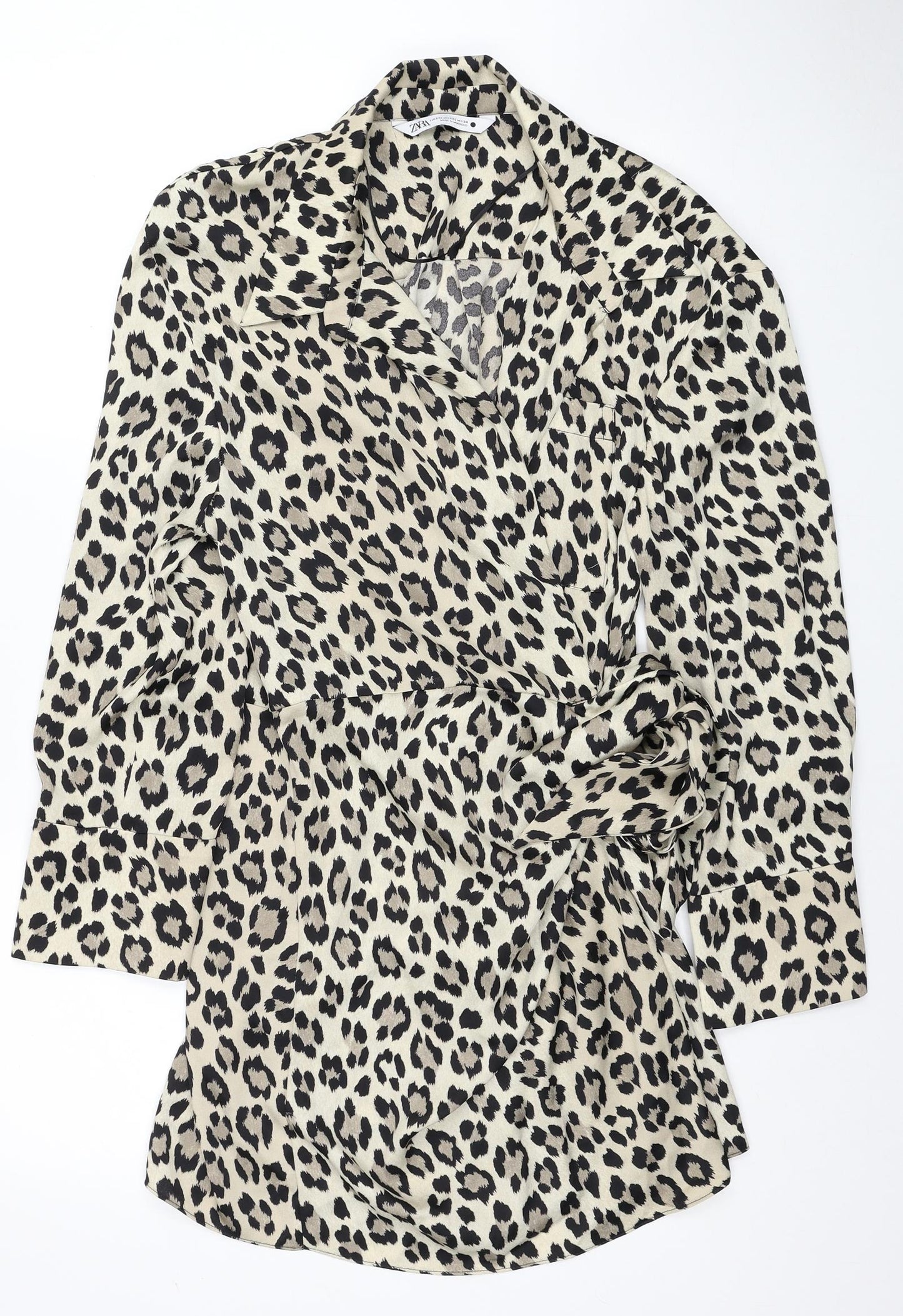 Zara Womens Beige Animal Print Polyester Wrap Dress Size 2XL Collared Tie - Leopard Print