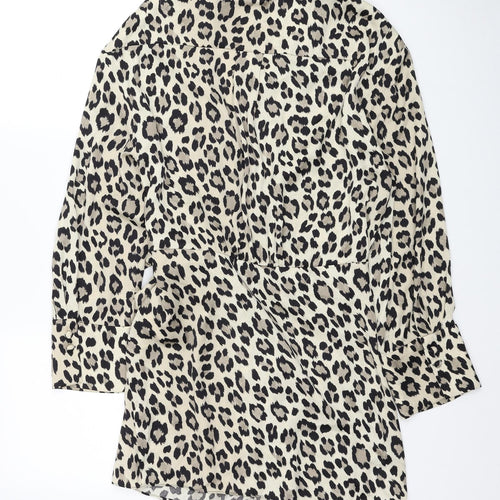 Zara Womens Beige Animal Print Polyester Wrap Dress Size 2XL Collared Tie - Leopard Print