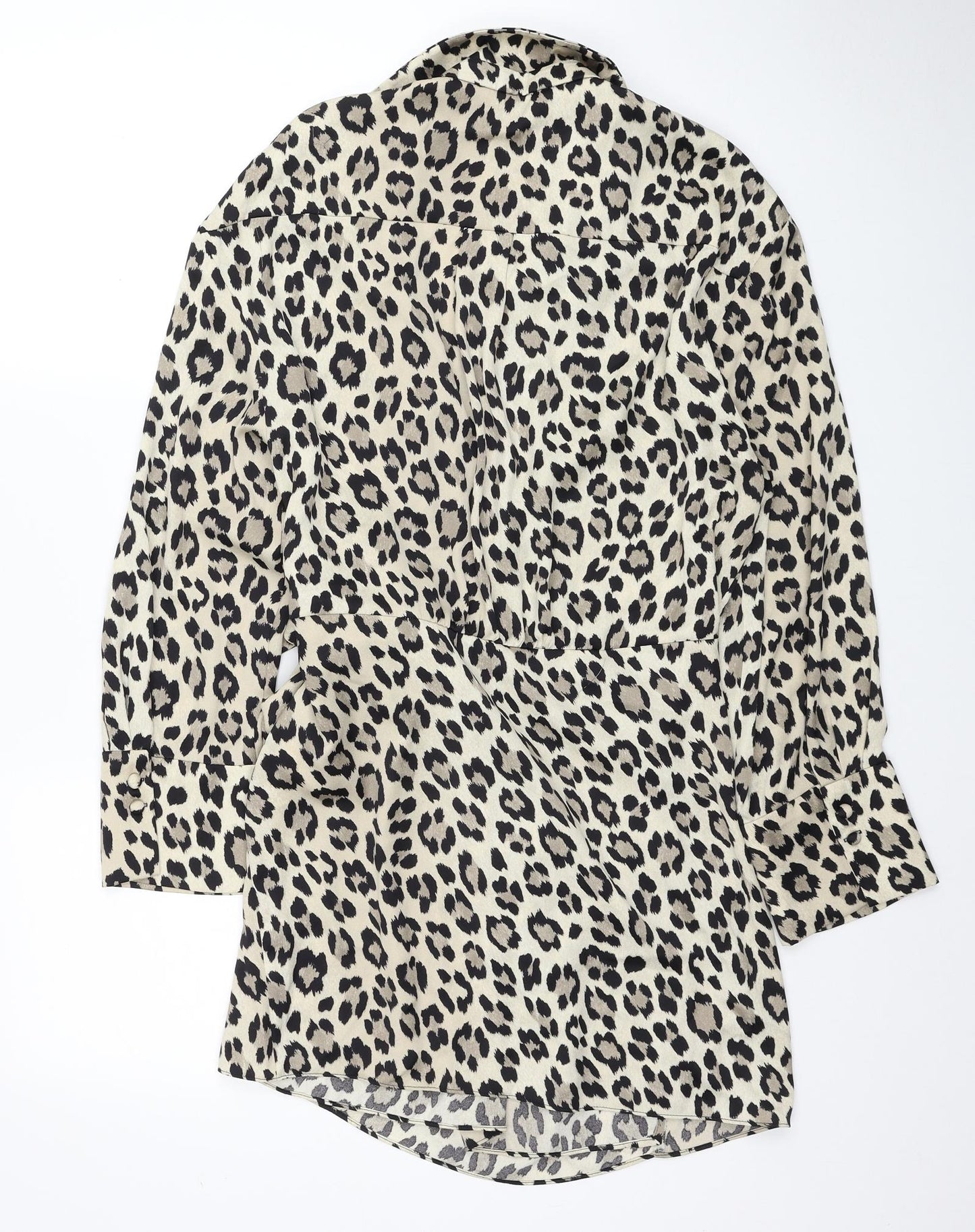 Zara Womens Beige Animal Print Polyester Wrap Dress Size 2XL Collared Tie - Leopard Print