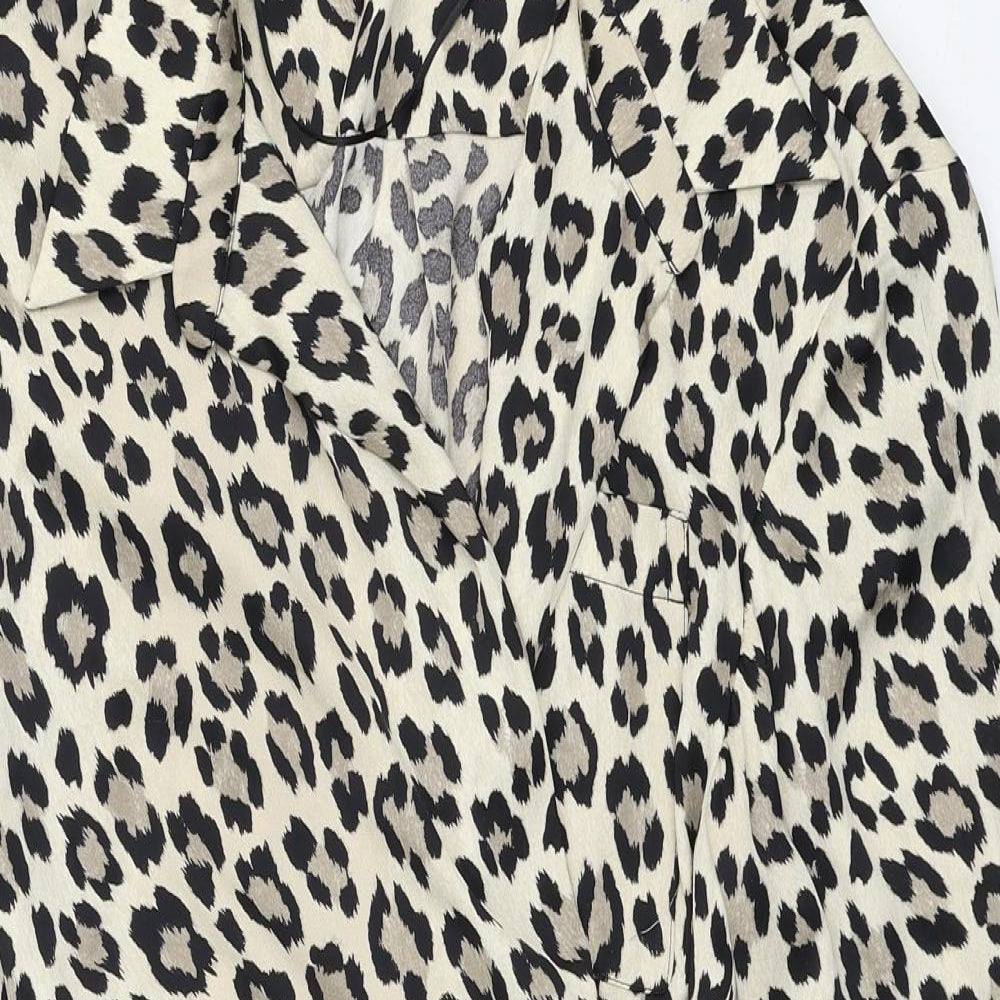 Zara Womens Beige Animal Print Polyester Wrap Dress Size 2XL Collared Tie - Leopard Print