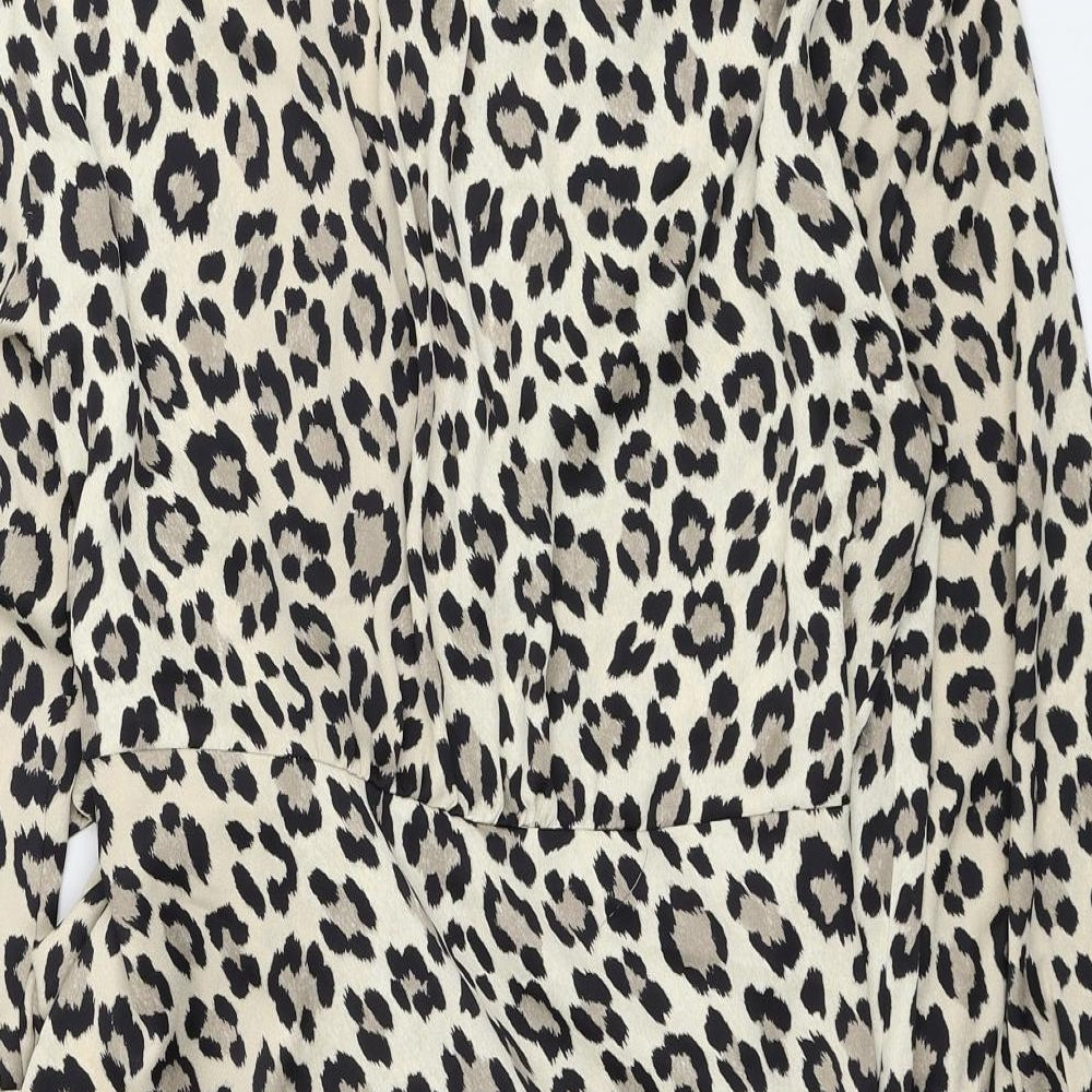 Zara Womens Beige Animal Print Polyester Wrap Dress Size 2XL Collared Tie - Leopard Print