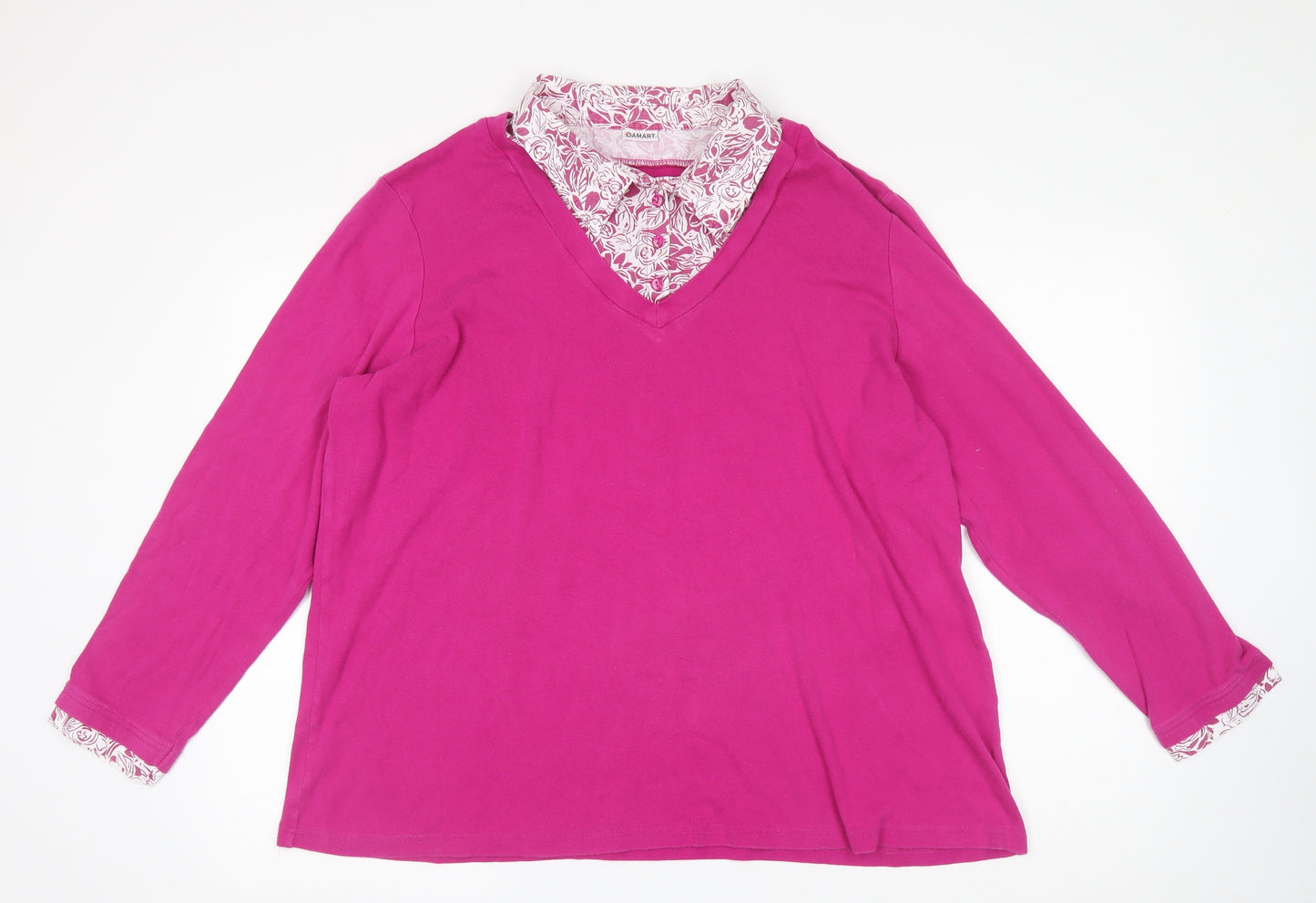 Damart Womens Pink Floral Cotton Basic Blouse Size 2XL Collared