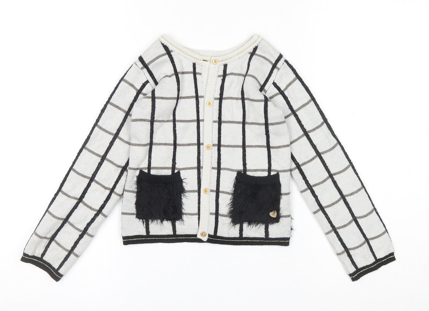 Catimini Girls Grey Round Neck Check Polyamide Cardigan Jumper Size 4 Years Button