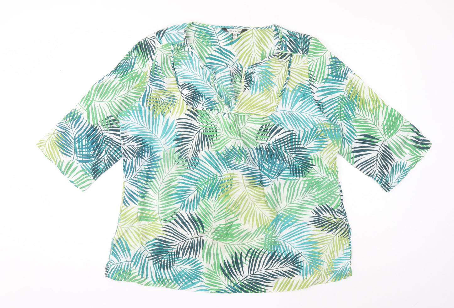 Laura Ashley Womens Multicoloured Geometric Linen Basic Blouse Size 16 V-Neck