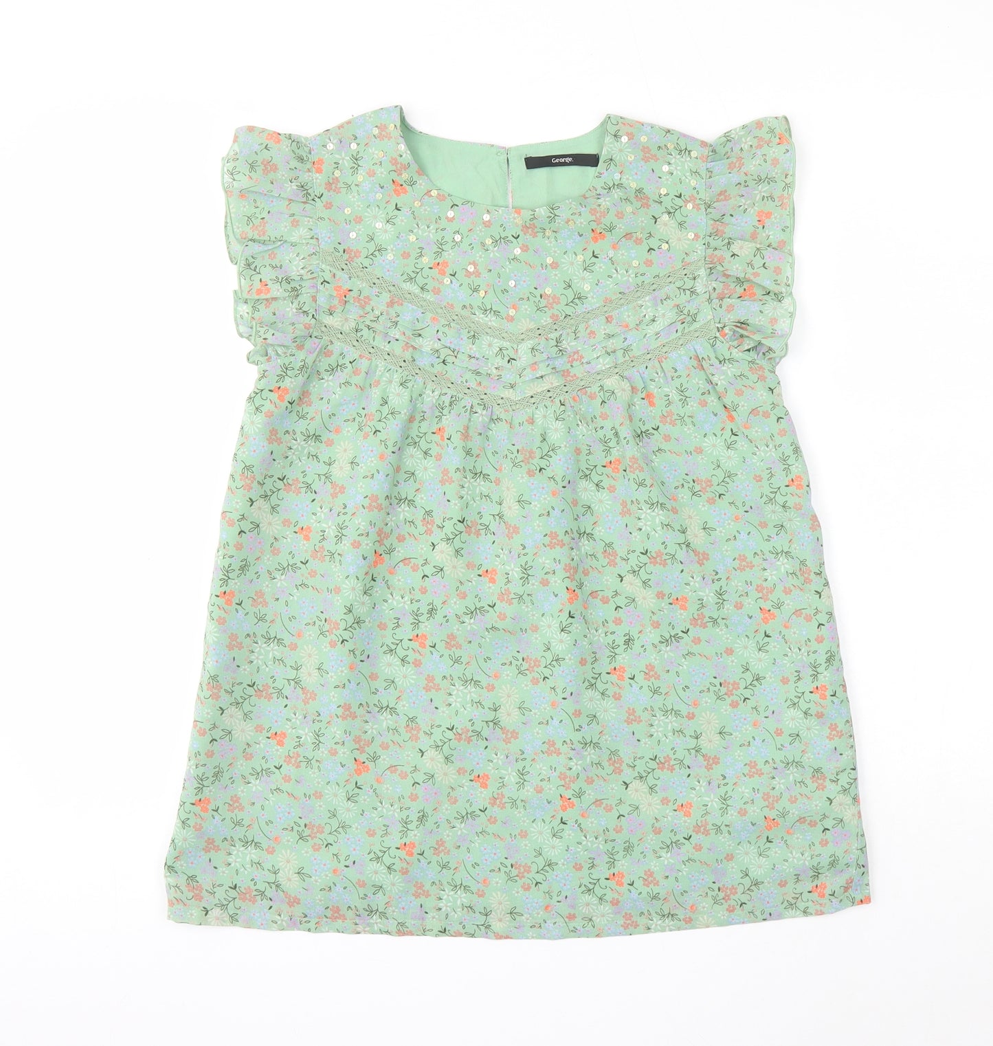George Girls Green Floral Polyester Basic Blouse Size 11-12 Years Square Neck Button