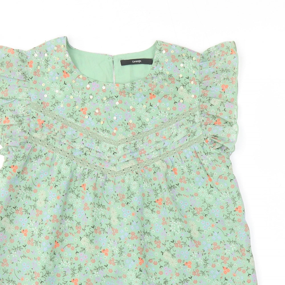 George Girls Green Floral Polyester Basic Blouse Size 11-12 Years Square Neck Button