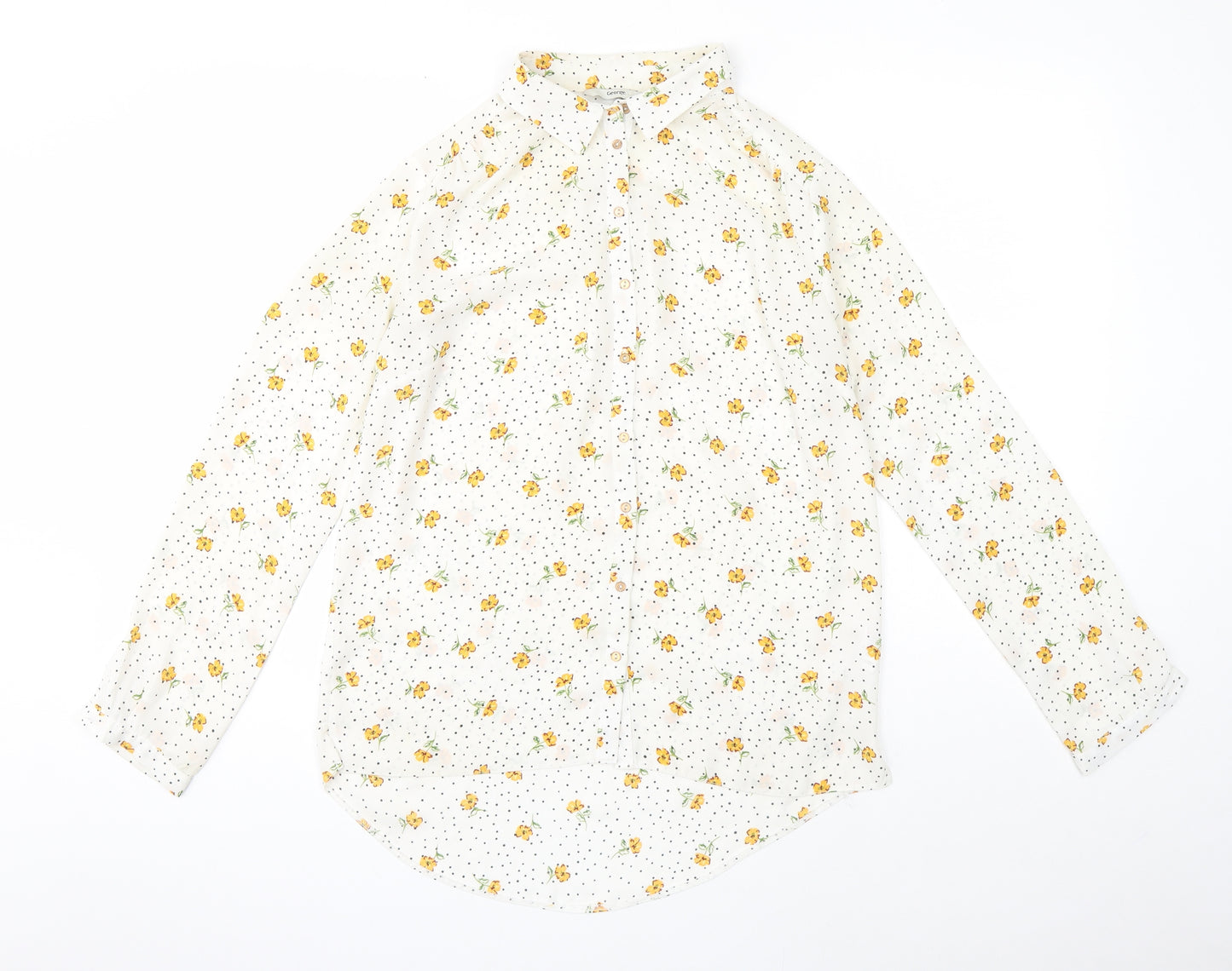 George Womens White Floral Polyester Basic Button-Up Size 8 Collared