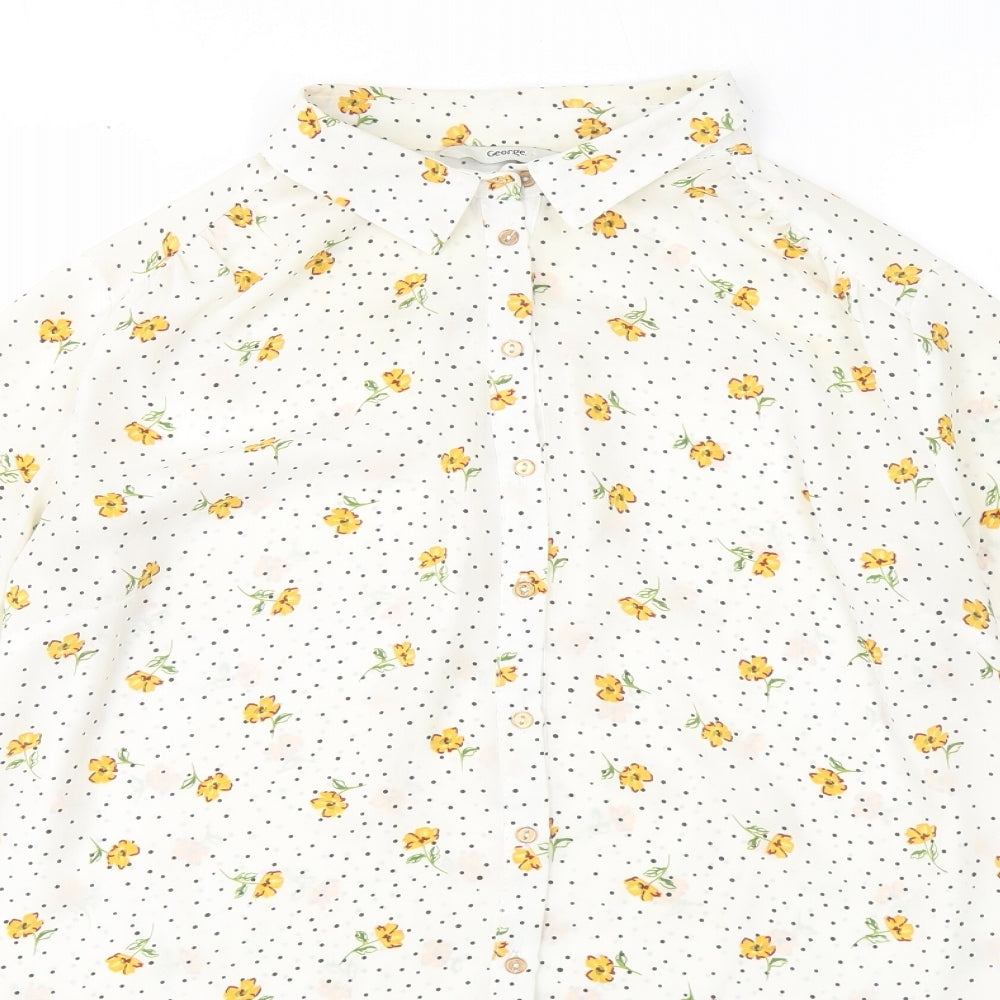George Womens White Floral Polyester Basic Button-Up Size 8 Collared
