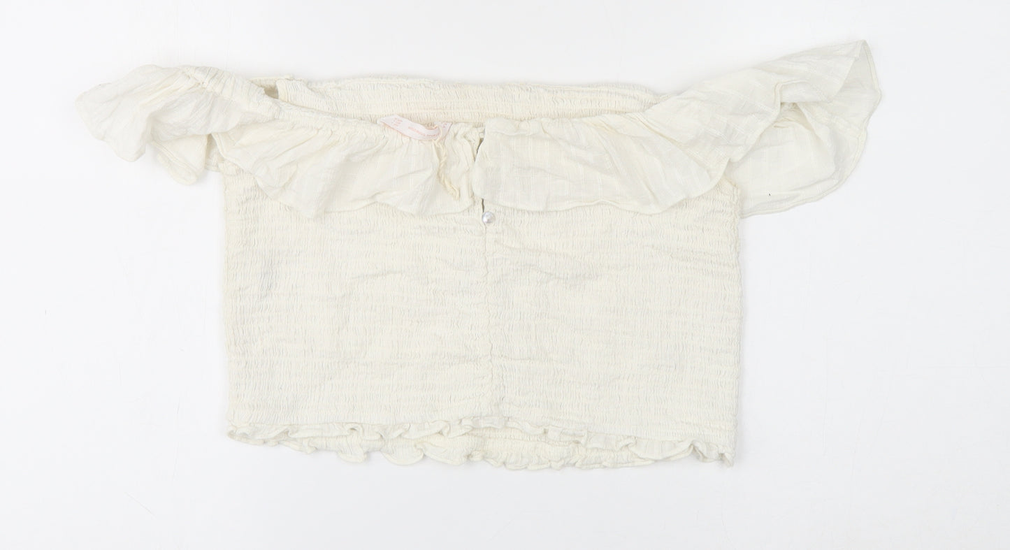 Zara Womens White Cotton Cropped Blouse Size 16 Boat Neck