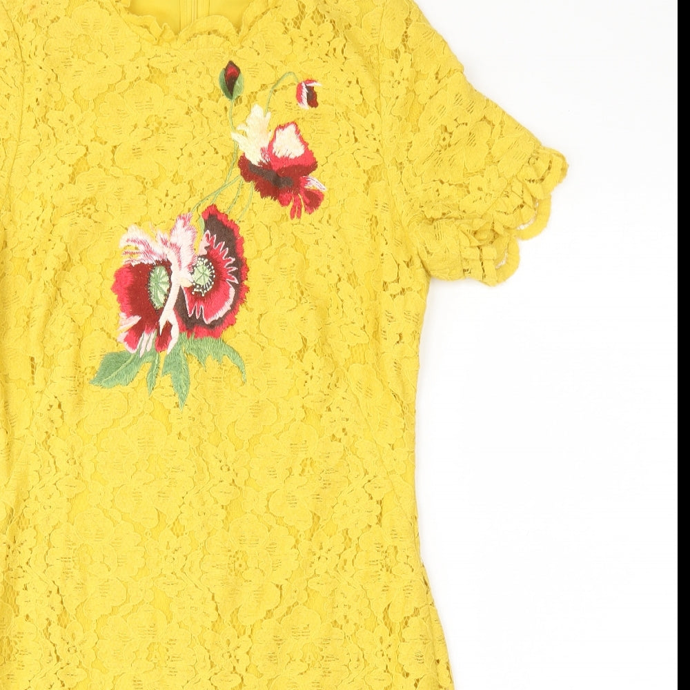 Whistles Womens Yellow Floral Cotton A-Line Size 12 Round Neck Zip - Flower Detail