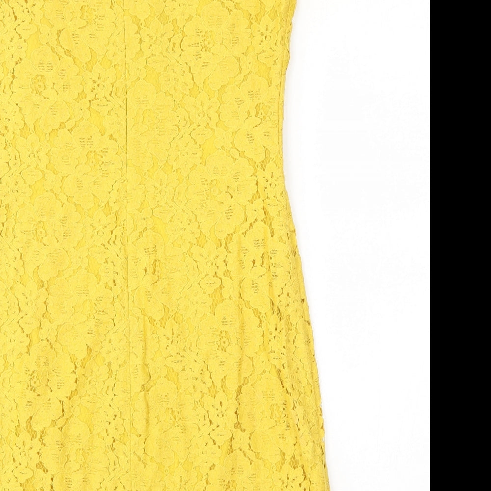 Whistles Womens Yellow Floral Cotton A-Line Size 12 Round Neck Zip - Flower Detail