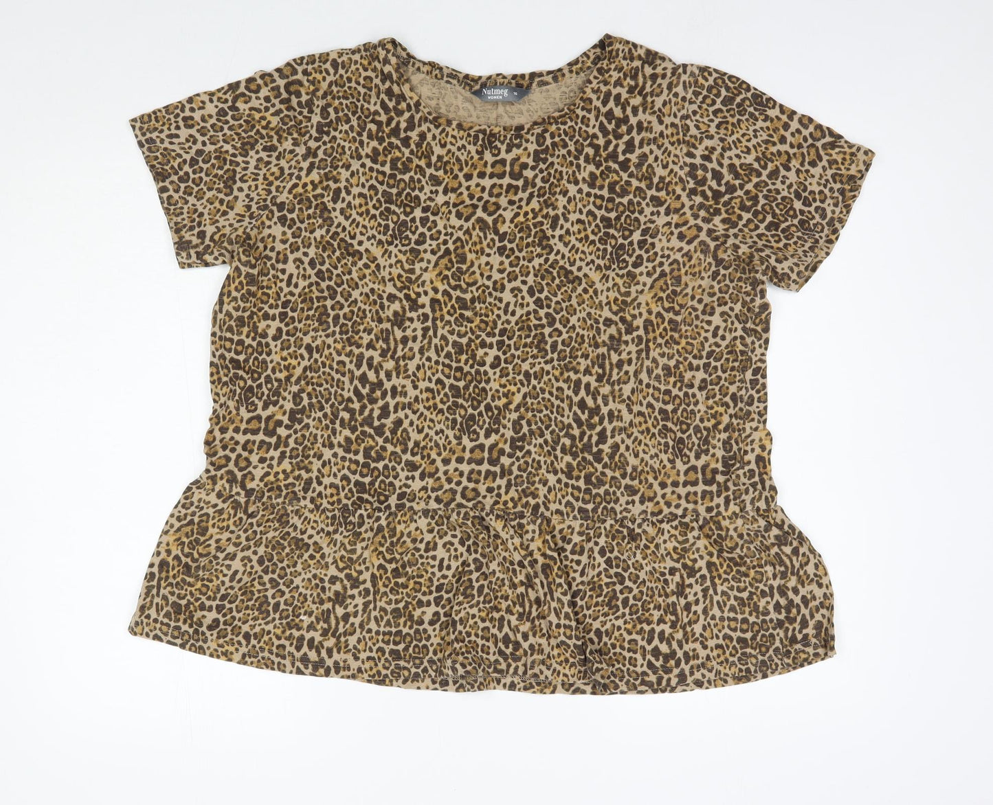 Nutmeg Womens Brown Animal Print Cotton Basic Blouse Size 16 Round Neck - Leopard Print