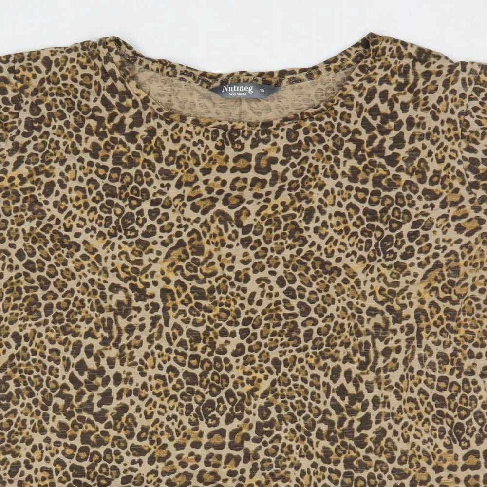 Nutmeg Womens Brown Animal Print Cotton Basic Blouse Size 16 Round Neck - Leopard Print