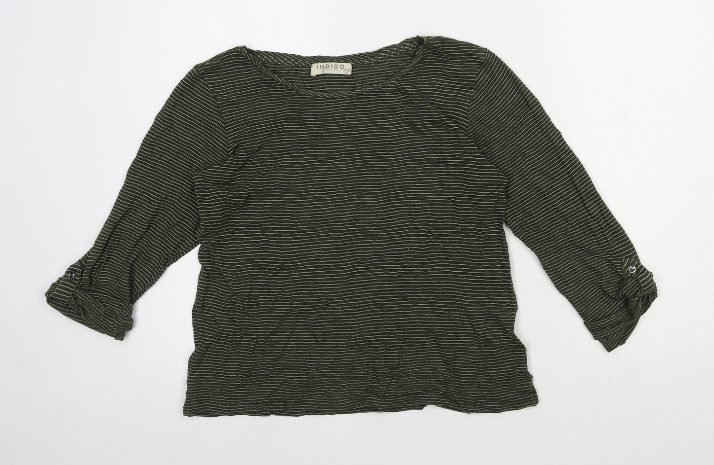 Indigo Womens Green Striped Cotton Basic T-Shirt Size 10 Round Neck