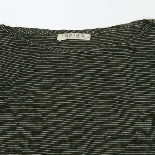 Indigo Womens Green Striped Cotton Basic T-Shirt Size 10 Round Neck