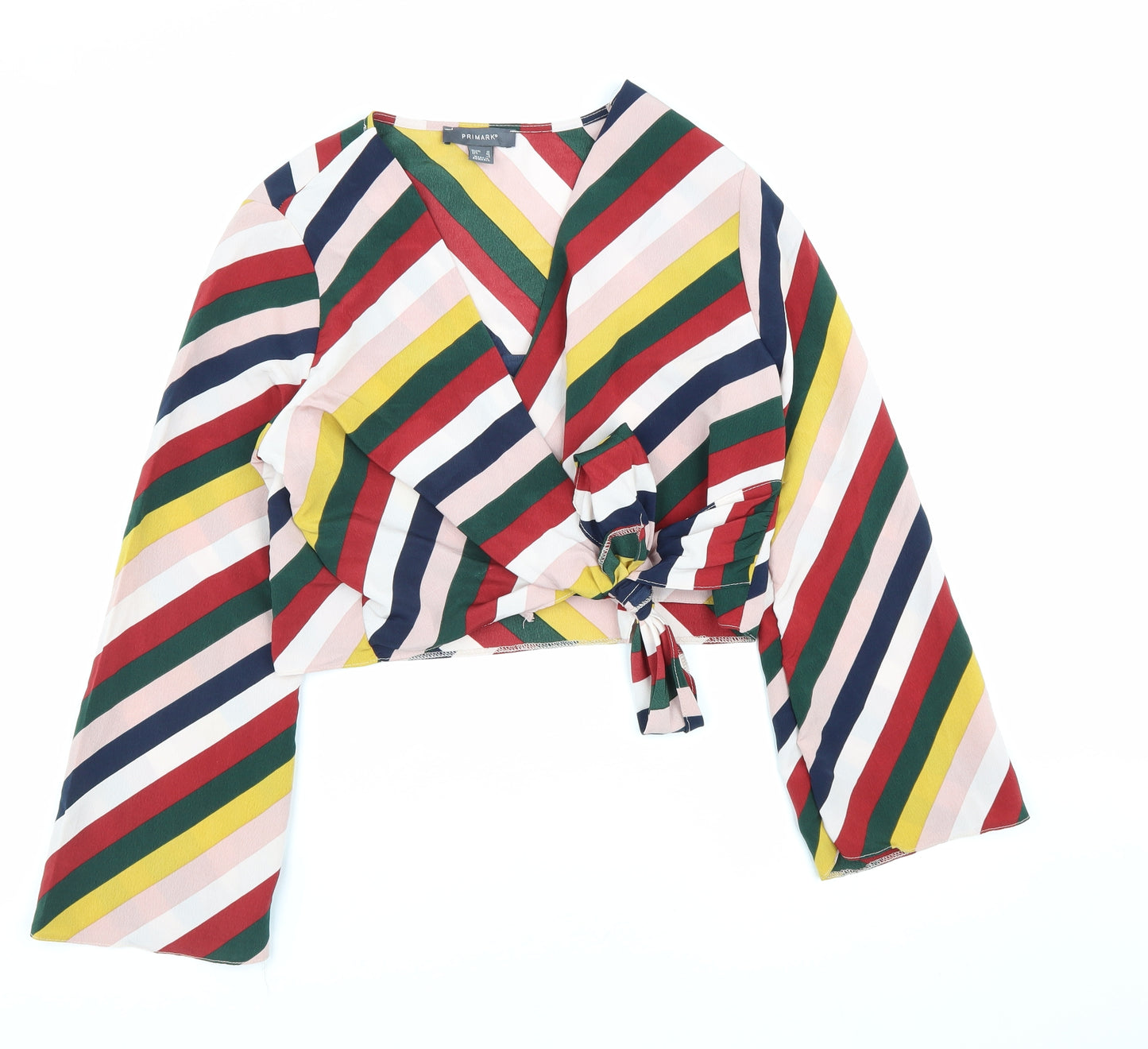 Primark Womens Multicoloured Striped Polyester Wrap Blouse Size 12 V-Neck