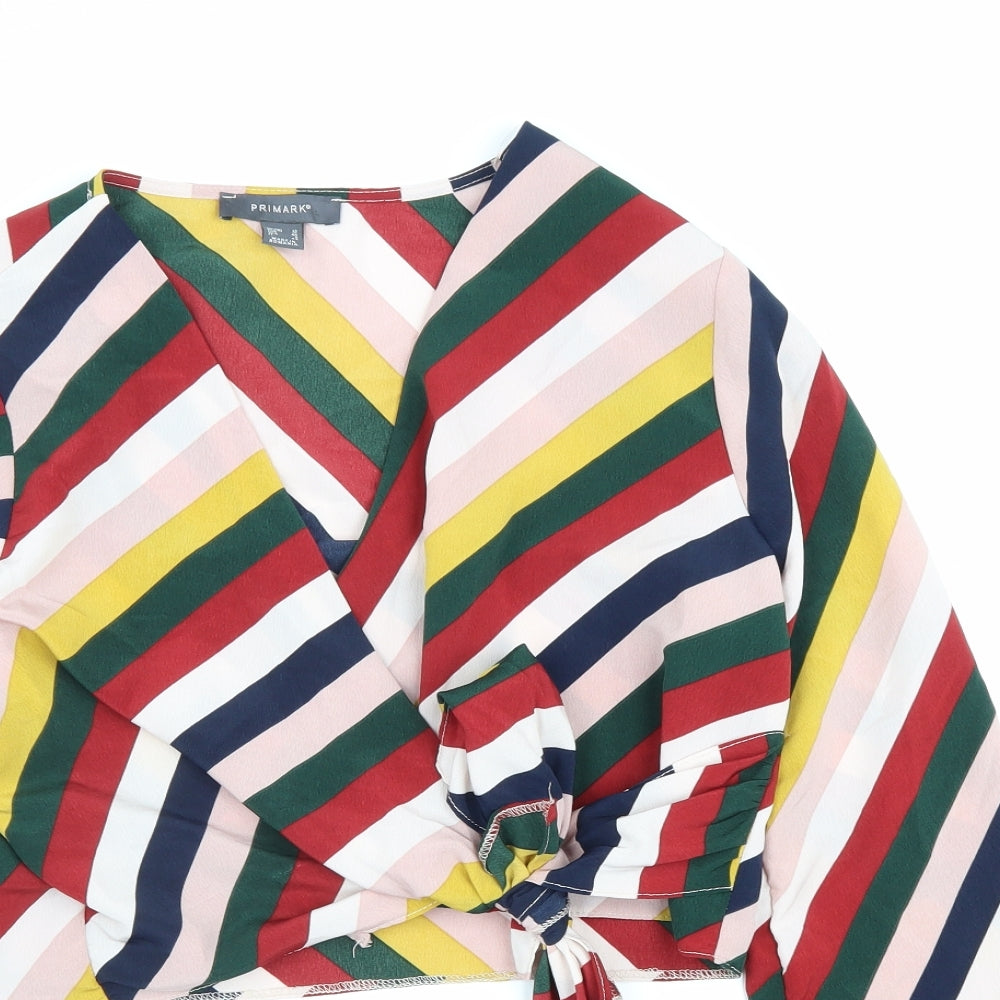 Primark Womens Multicoloured Striped Polyester Wrap Blouse Size 12 V-Neck