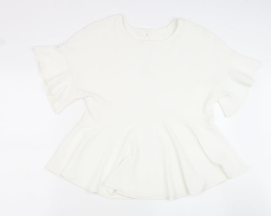 Front view of Preworn women’s white polyester basic blouse, size UK 14, round neck
