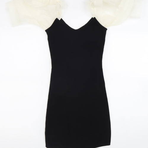Zara Womens Black Polyester Bodycon Size XS V-Neck Pullover - Balloon Sleeves