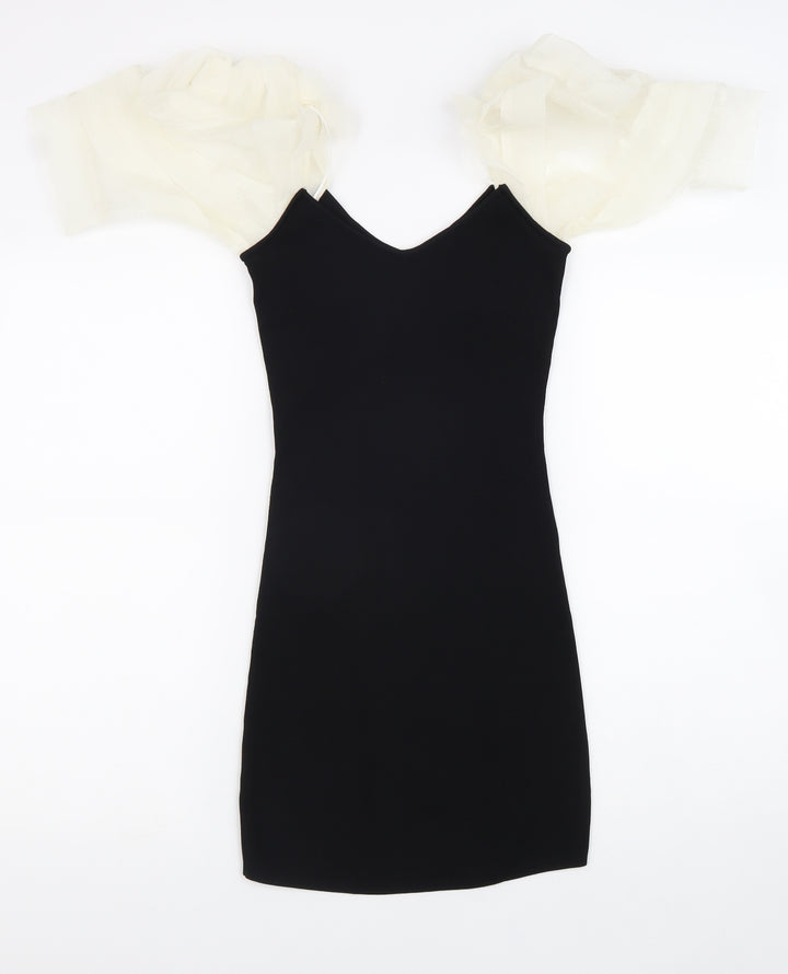 Zara Womens Black Polyester Bodycon Size XS V-Neck Pullover - Balloon Sleeves