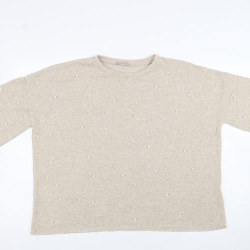 Zara Womens Beige Crew Neck Polyester Pullover Jumper Size M