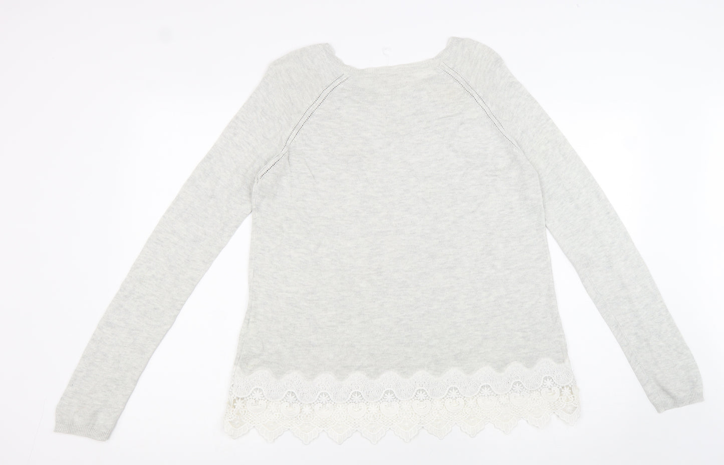 Marks and Spencer Womens Grey Acrylic Basic Blouse Size 12 Round Neck - Lace Detail