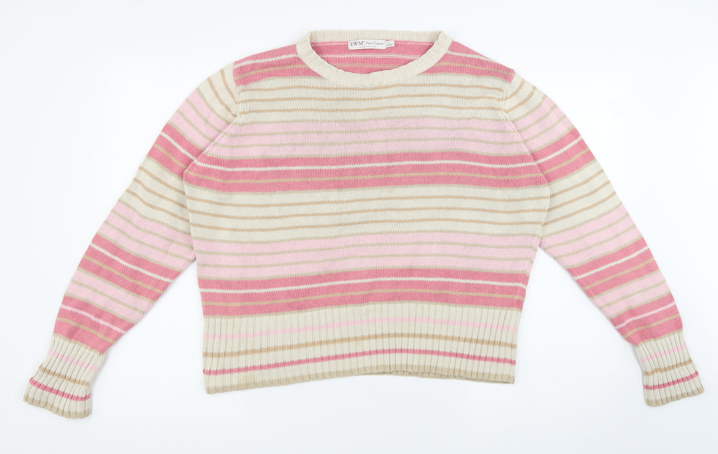 EWM Womens Multicoloured Round Neck Striped 100% Cotton Pullover Jumper Size L - Size 18-20